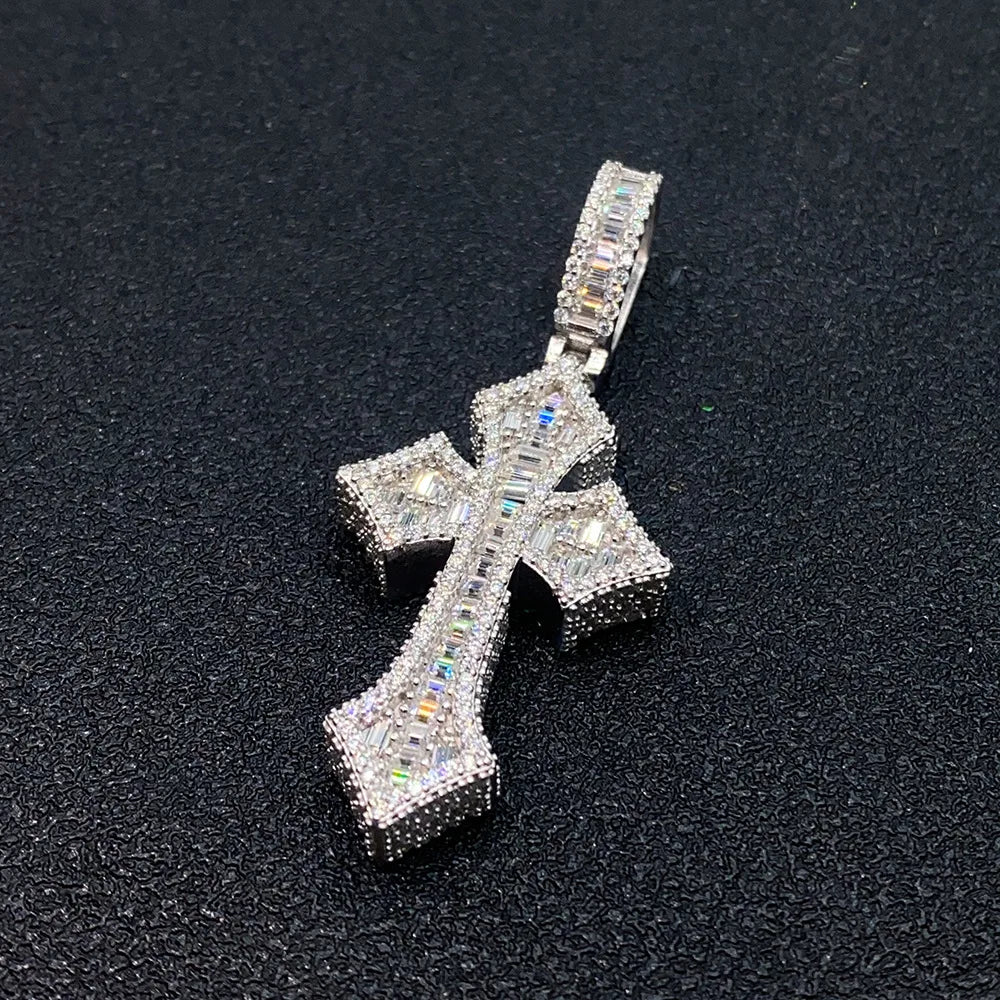 Three Cross Baguettes VVS1 Pendants S925 Silver Necklaces  (Pass Diamonds Tester)