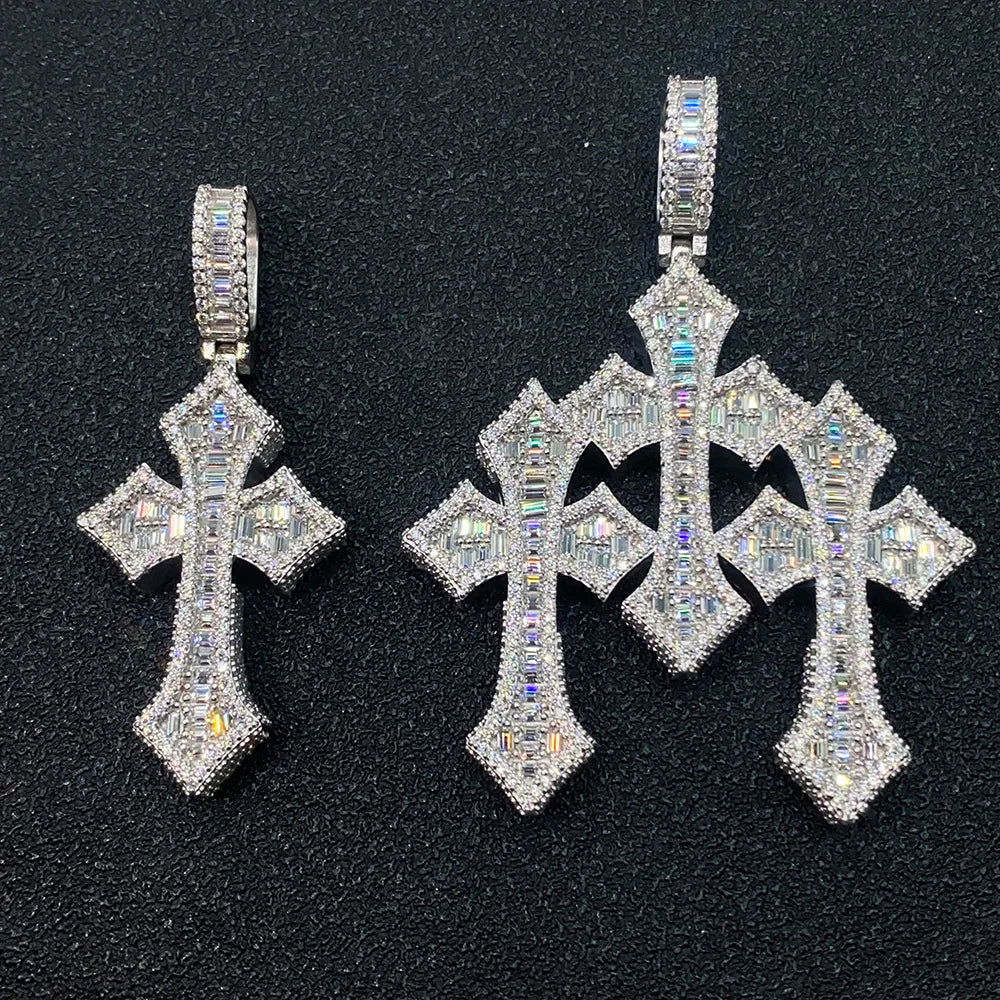 Three Cross Baguettes VVS1 Pendants S925 Silver Necklaces  (Pass Diamonds Tester)